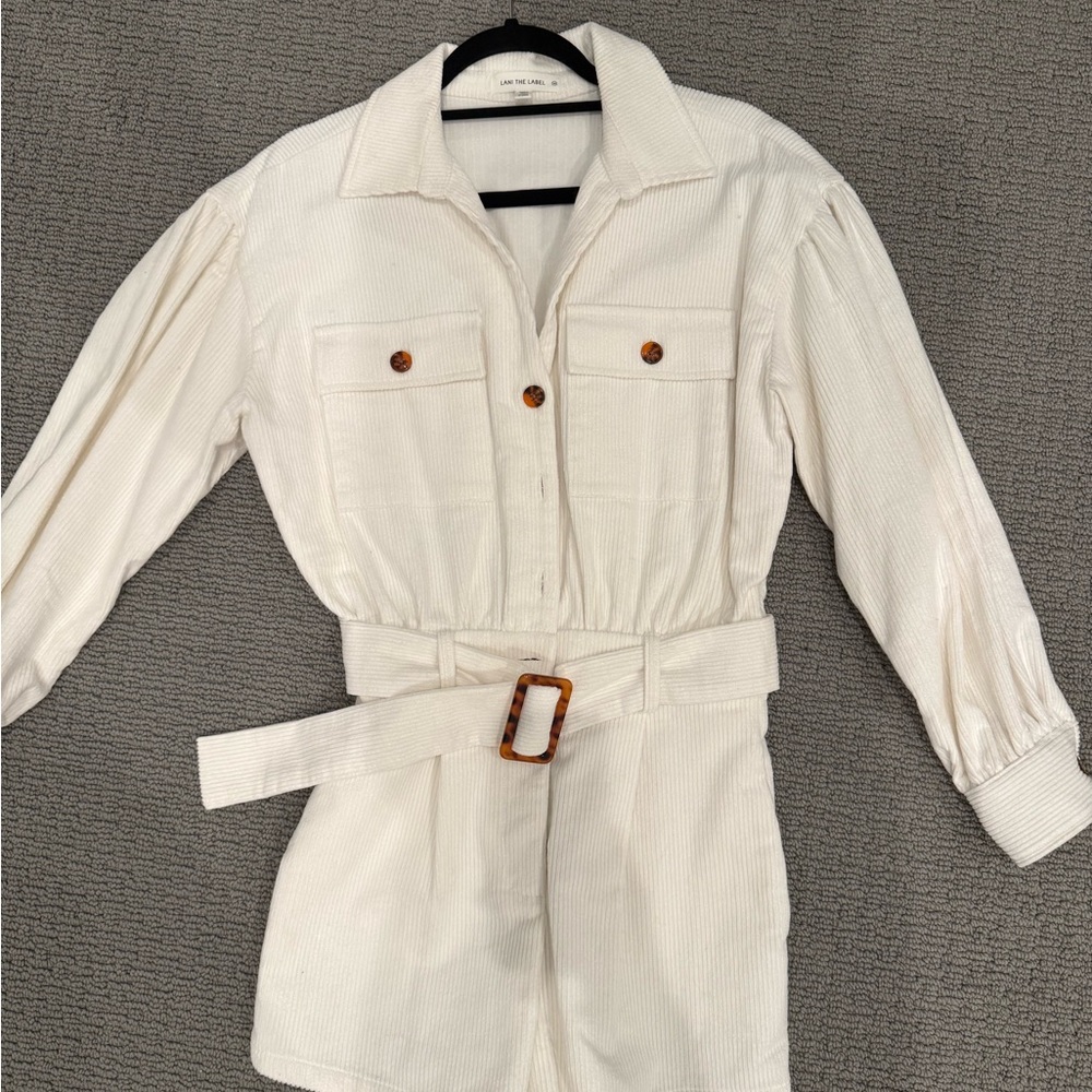 Creepers Cream Corduroy Long-Sleeve Romper with Belt